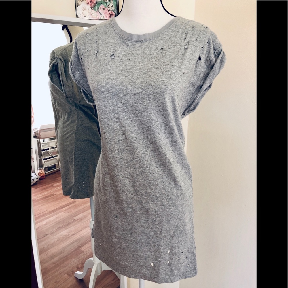 Distressed short sleeve T-shirt dress.